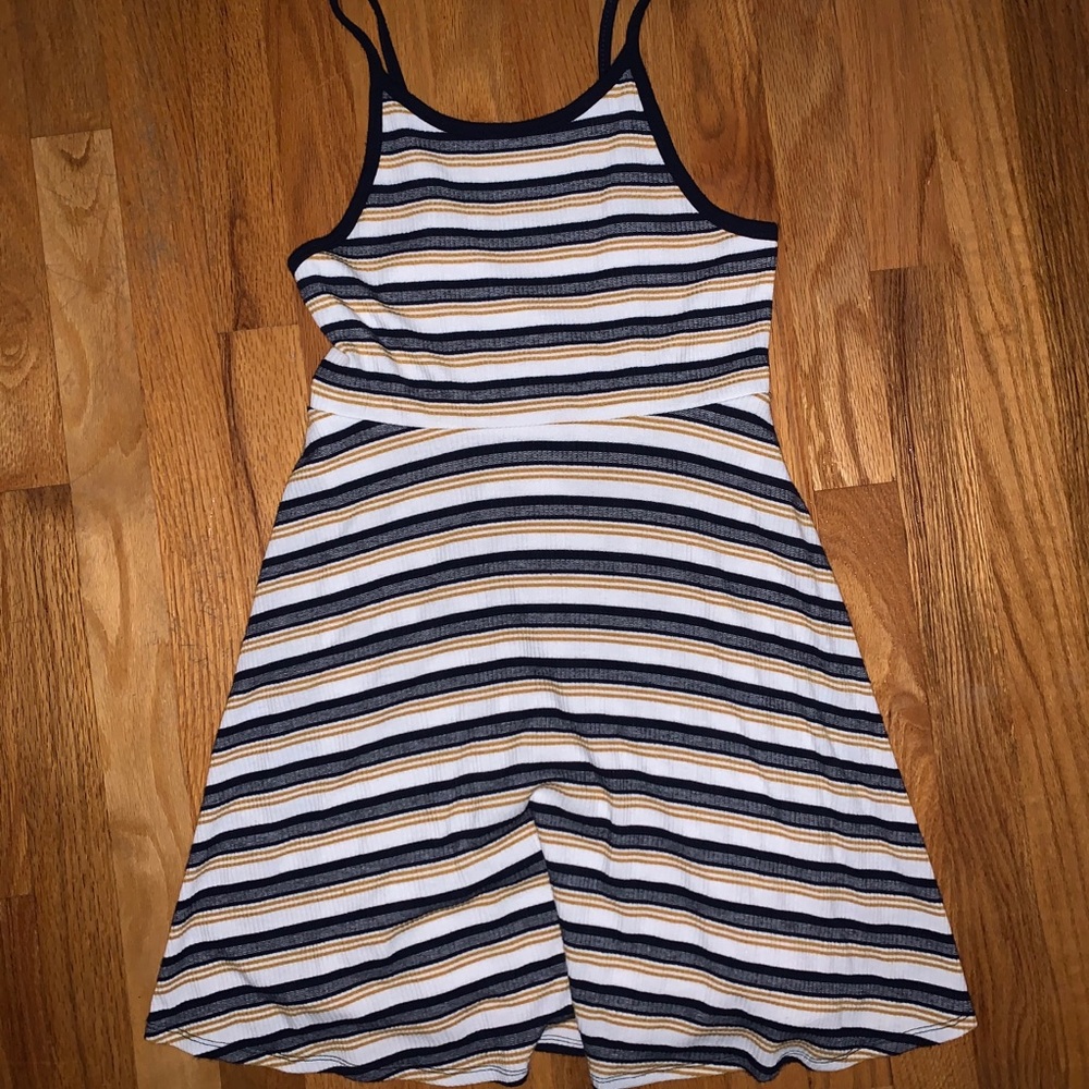 Navy, gold, and white striped sundress